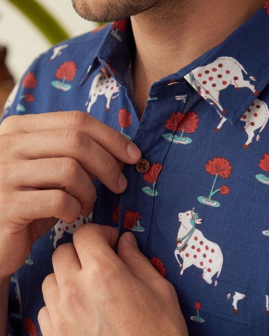Pichwai Cow Blue Full Sleeves Men Shirt
