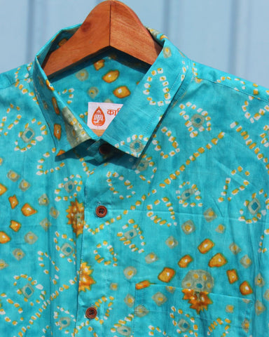 Turquoise Blue Bandhej Print Men's Cotton Shirt