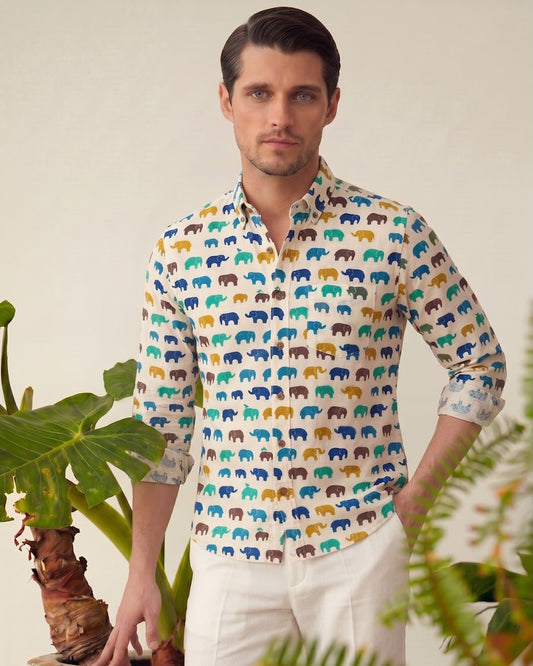 Small Elephant Print Full Sleeves Men Cotton Shirt