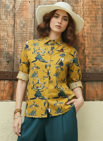 Yellow Button Down Abstract Cotton Shirt for Womens - Limited Edition