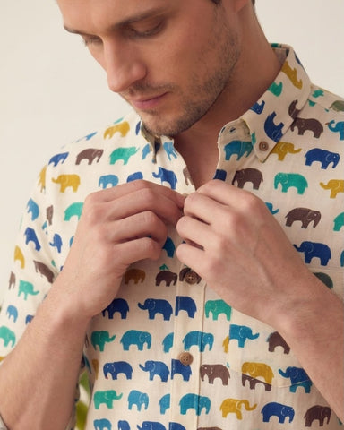 Small Elephant Print Full Sleeves Men Cotton Shirt