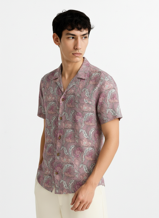 Floral Print Cuban Collar Shirt for Men