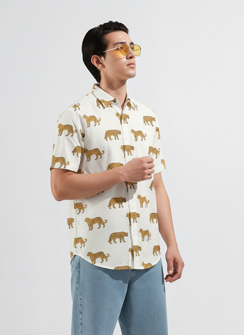 Leopard Print Half Sleeve Cotton Shirt for Men