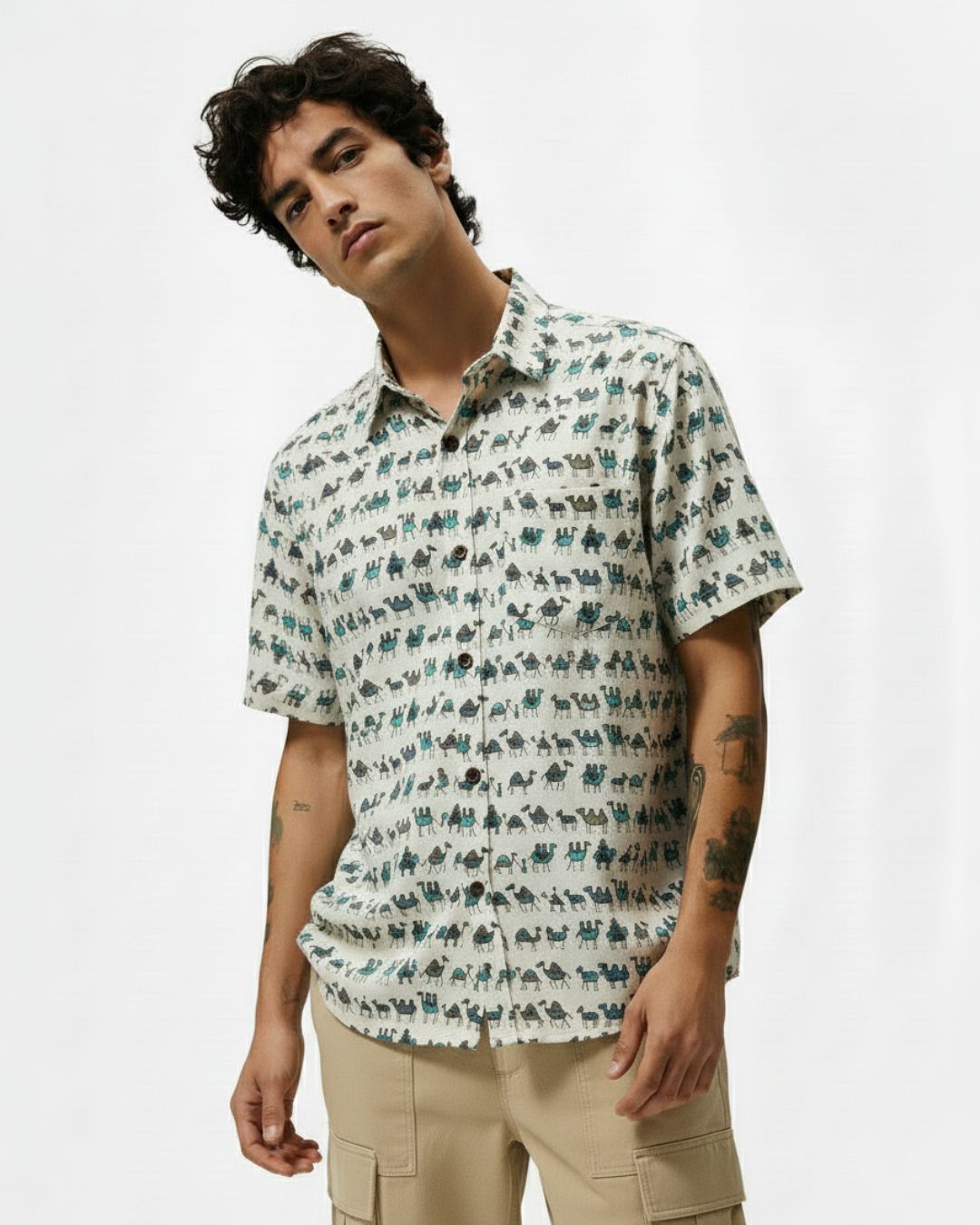 Icy Blue Camel Print Half Shirt for Men