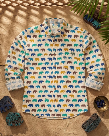 Small Elephant Print Full Sleeves Men Cotton Shirt