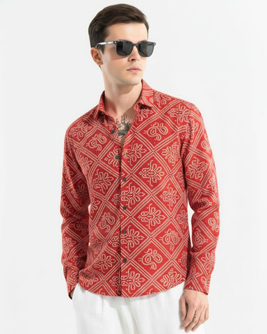 Bandhej Full Sleeves Cotton Roka Shirt For Men (Paprika) - PRE BOOK Dispatch by 13th december