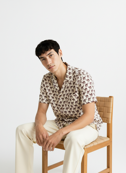 Brown Camel Print Cuban Shirt for Men