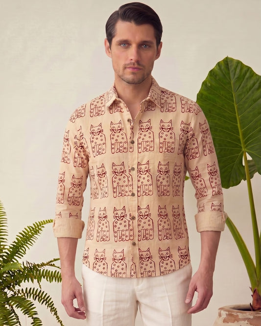 Classic Cat Print Full Sleeves Cotton Men Shirt - Limited Edition
