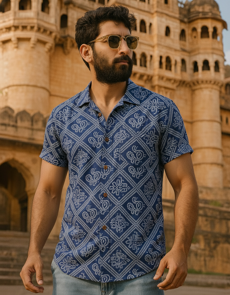 Bandhani Print Half Sleeves Shirt For Men (Blue Zodiac)