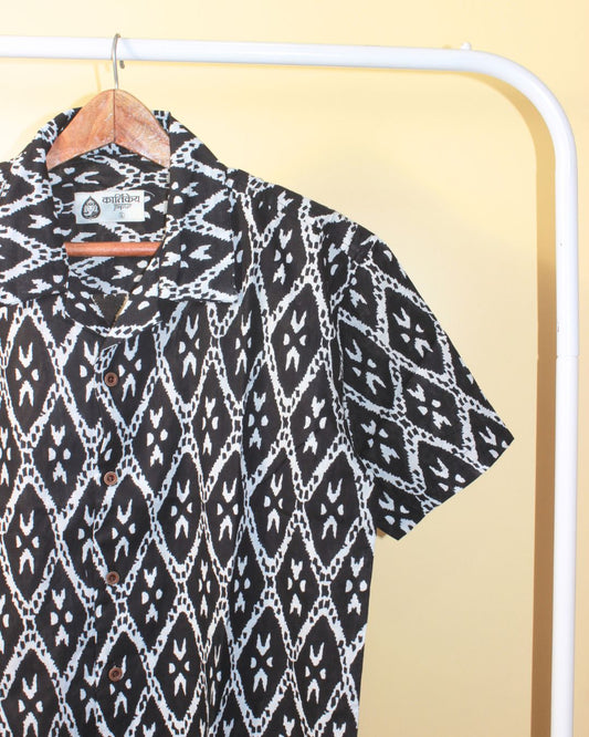 Geometric Print Black Cuban Collar Shirt