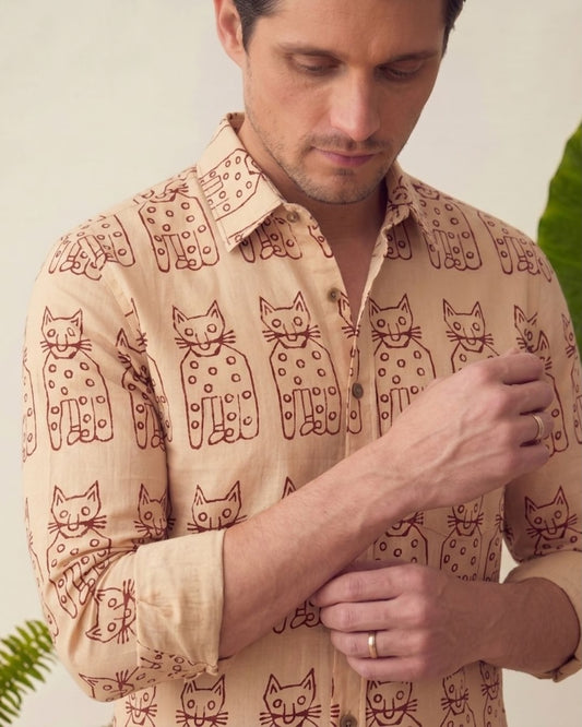 Classic Cat Print Full Sleeves Cotton Men Shirt - Limited Edition