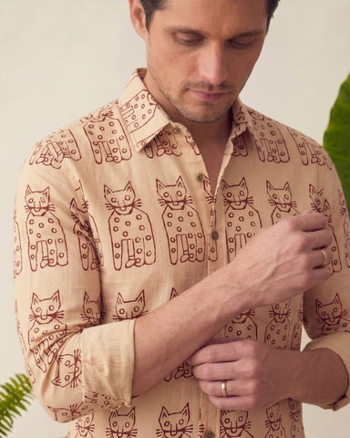 Classic Cat Print Full Sleeves Cotton Men Shirt - Limited Edition