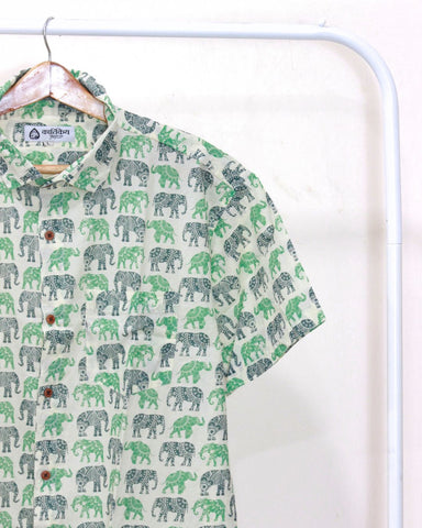 Green Elephant Print Half Shirt for Men