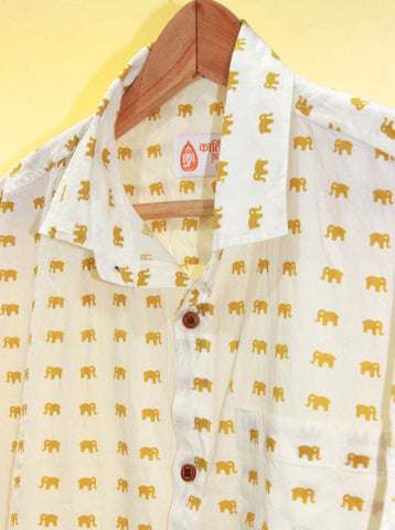 Cotton Half Sleeve Yellow Elephant Print Shirt for Men