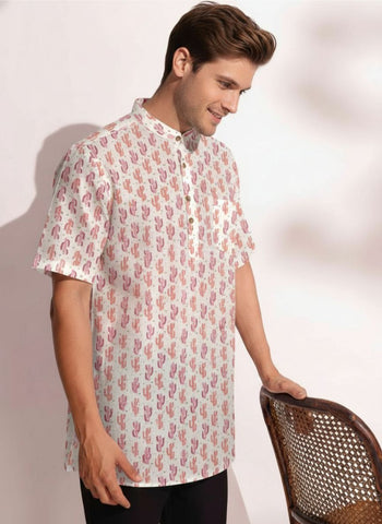 Cactus  Print Half Sleeve Cotton Short Kurta for Men