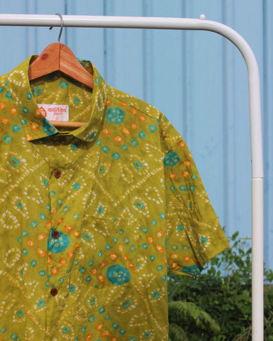 Olive Green Bandhej Print Men's Cotton Shirt