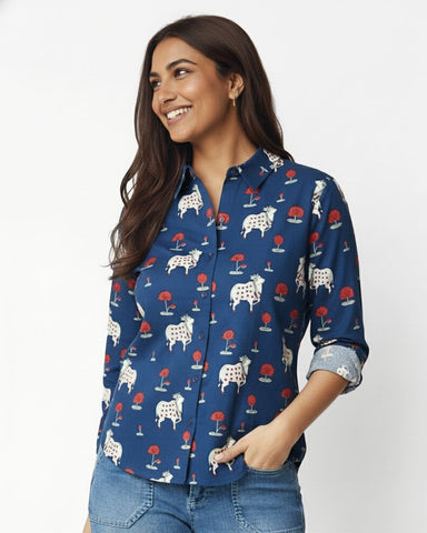 Womens Pichwai Cow Print Cotton Full Sleeves Shirt