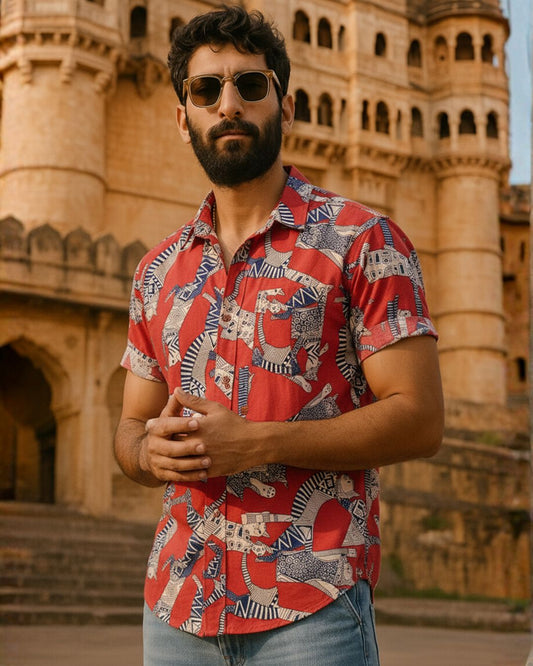 Sphynx Cat Print Cotton Classic Half Shirt for Men - Orangish Red
