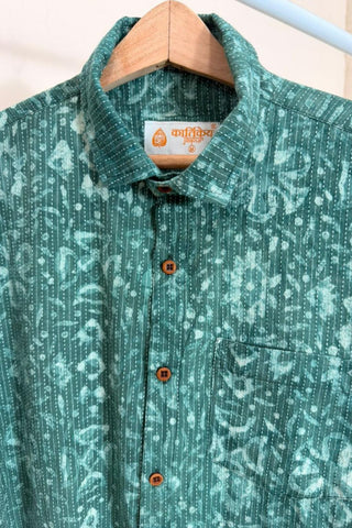 Katha Green Hand Block Print Half Sleeve Shirt