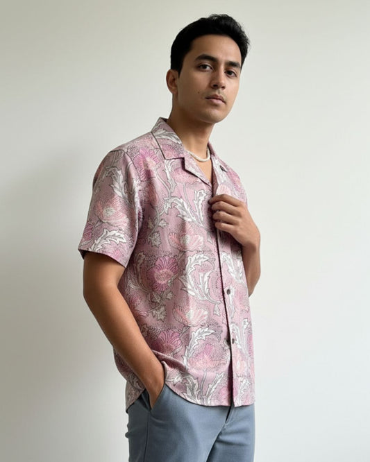 Floral Print Cuban Collar Shirt for Men