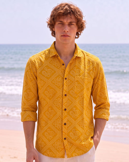 Bandhej Full Sleeves Haldi Shirt For Men ( Yellow )
