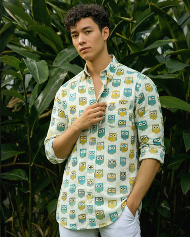 Full Sleeve Owl Print Shirt for Men