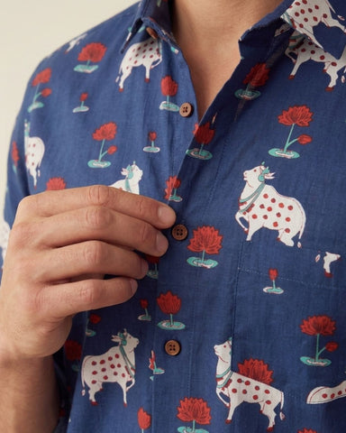 Pichwai Cow Blue Full Sleeves Men Shirt