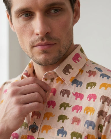 Small Elephant Full Sleeves Men Shirt By Kartikeya Jaipur