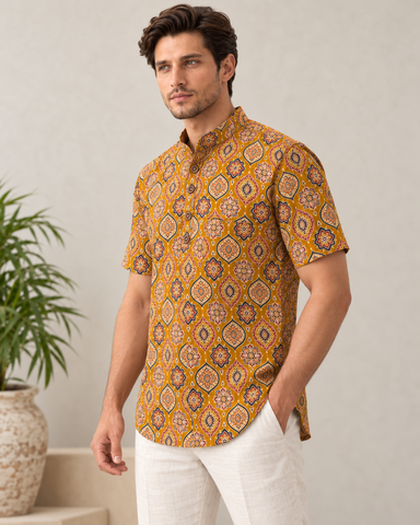 Kalamkari Print Half Sleeve Cotton Short Kurta for Men