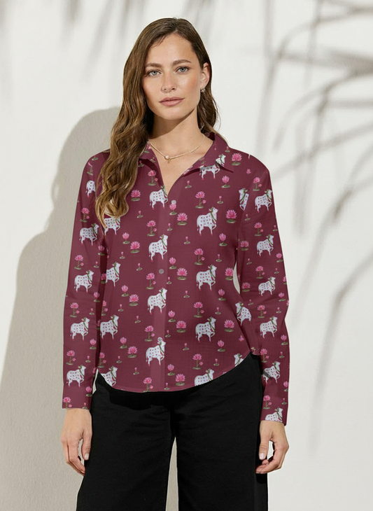 Womens Pichwai Cow Print Cotton Full Sleeves Shirt