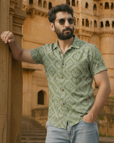 Bandhani Print Half Sleeves Shirt For Men (Granite Green)