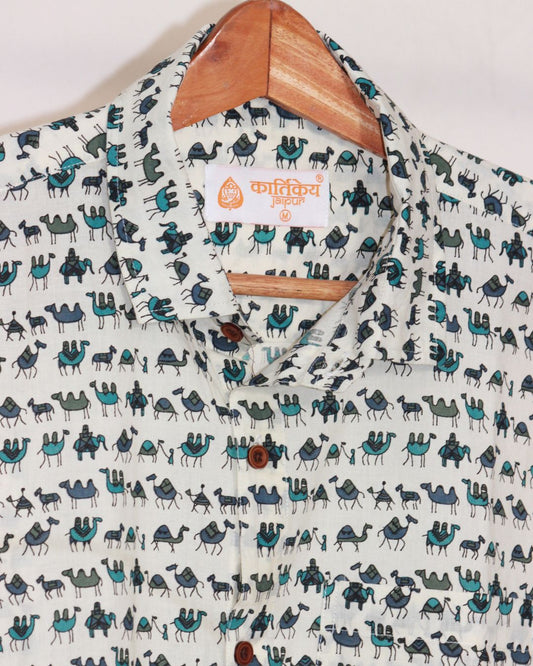 Icy Blue Camel Print Half Shirt for Men