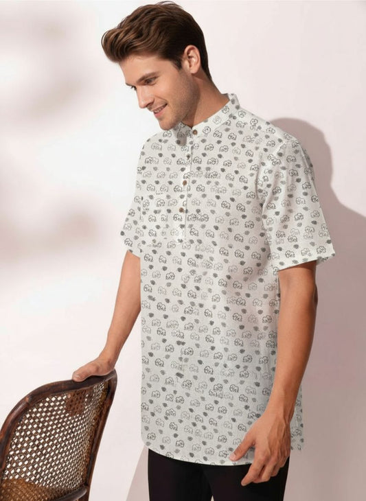 Small Elephant Print Half Sleeve Cotton Short Kurta for Men - Black