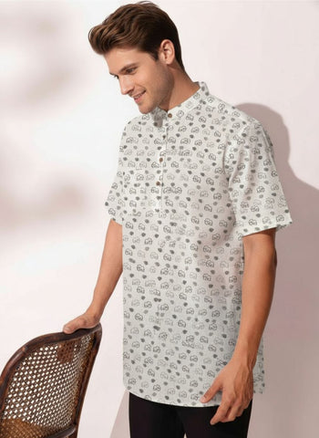Small Elephant Print Half Sleeve Cotton Short Kurta for Men - Black