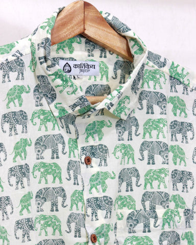 Green Elephant Print Half Shirt for Men