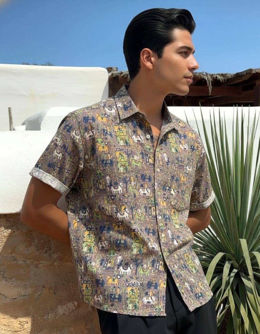 Classic Tribal Print Half Sleeve Cotton Shirt for Men