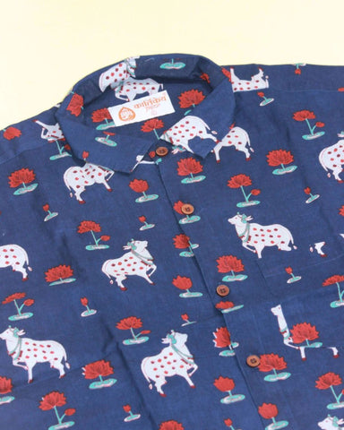 Pichwai Cow Blue Full Sleeves Men Shirt