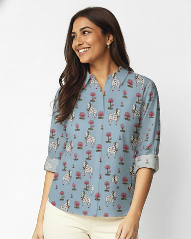 Womens Pichwai Cow Print Cotton Full Sleeves Shirt