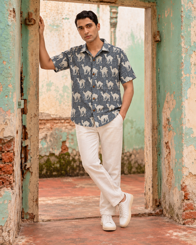 Traditional Camel Print Half Sleeve Shirt for Men