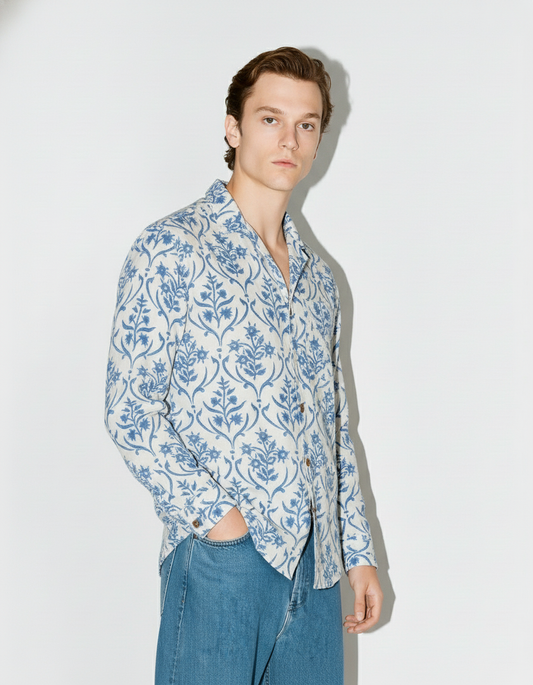 Blue Geometric Floral Cotton Full Sleeve Shirt for Men
