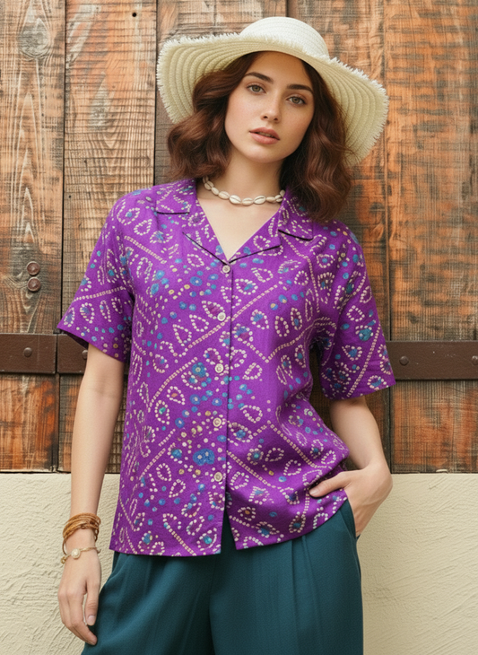 Oversized Bandhej Print Cuban Shirt For Womens