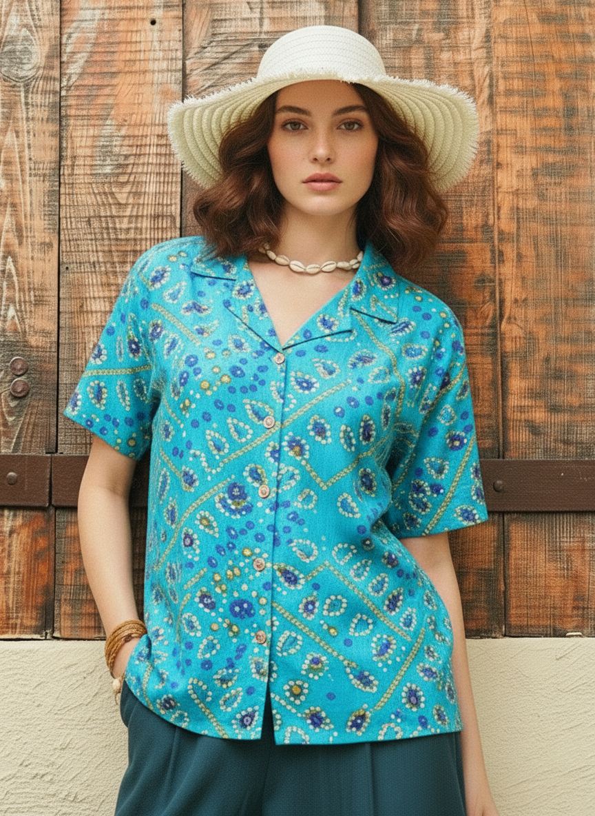 Oversized Bandhej Print Cuban Shirt For Womens