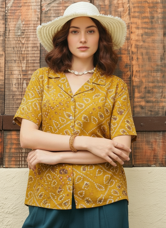 Oversized Bandhej Print Cuban Shirt For Womens