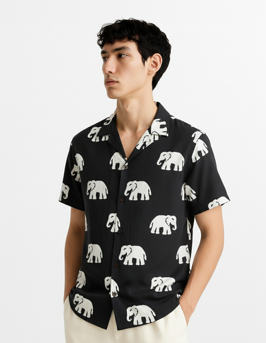 Elephant Print Bold Black Cuban Collar Shirt