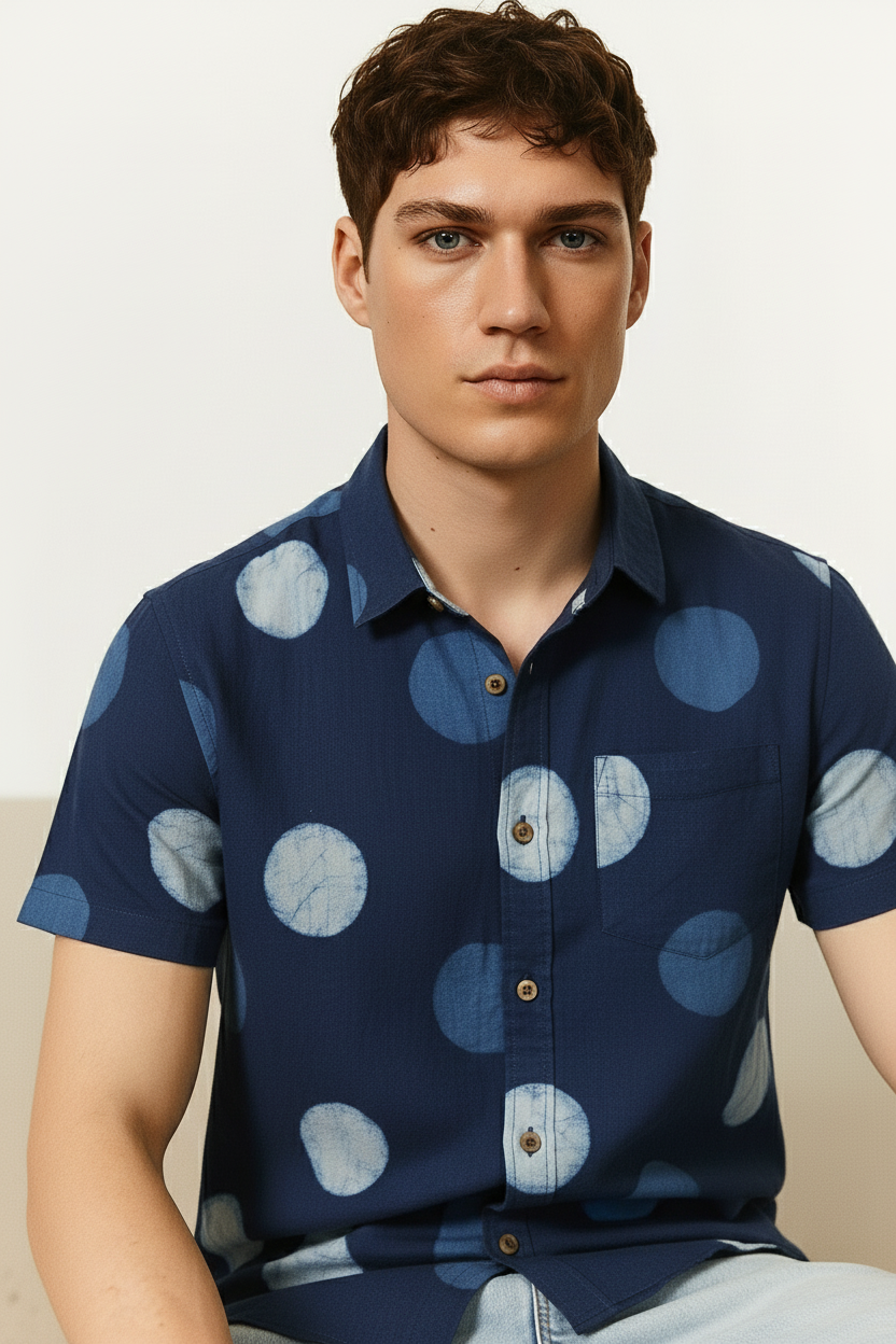 Natural Indigo Hand Block Bold Polka Print Men's Shirt