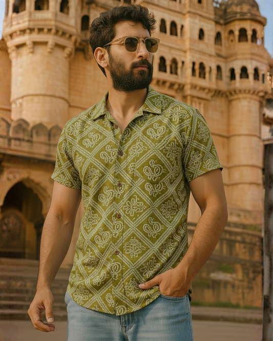 Bandhani Print Cotton Shirt for Men ( Brown Oak )