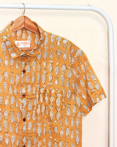 Quirky Fish Print Half Sleeve Shirt  - Mustard
