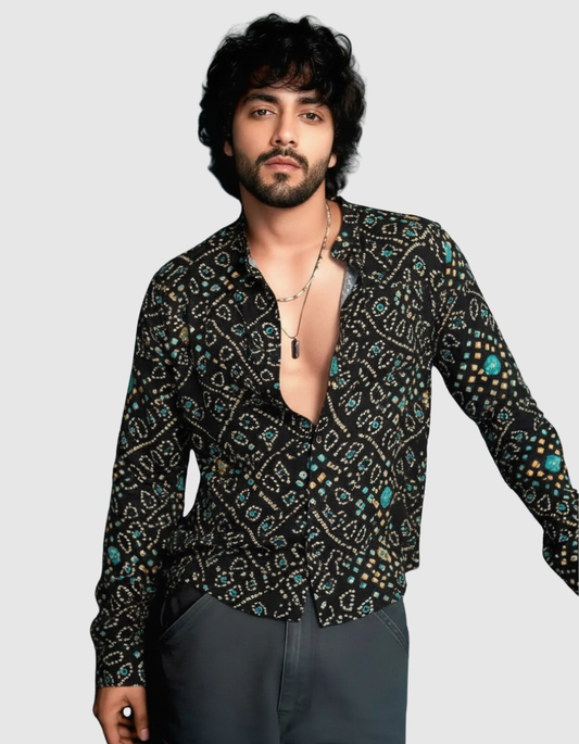 Black Bandhej Cotton Full Sleeve Shirt for Men