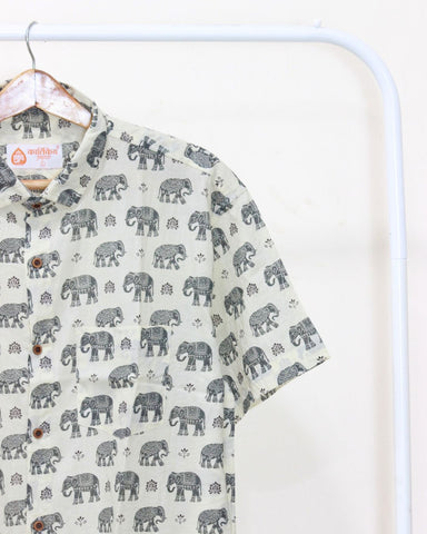 Grey Elephant Print Men's Cotton Shirt By Kartikeya Jaipur