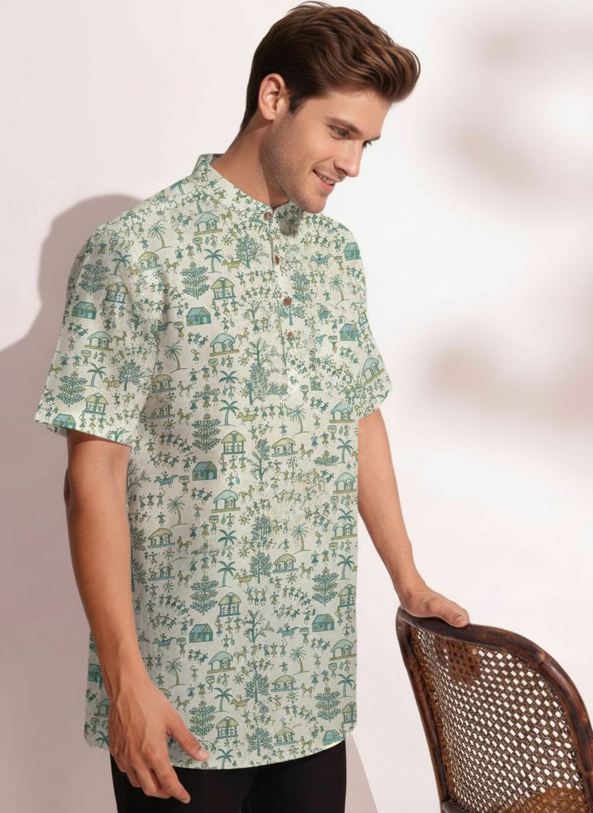 Tribal Print Half Sleeve Cotton Short Kurta for Men